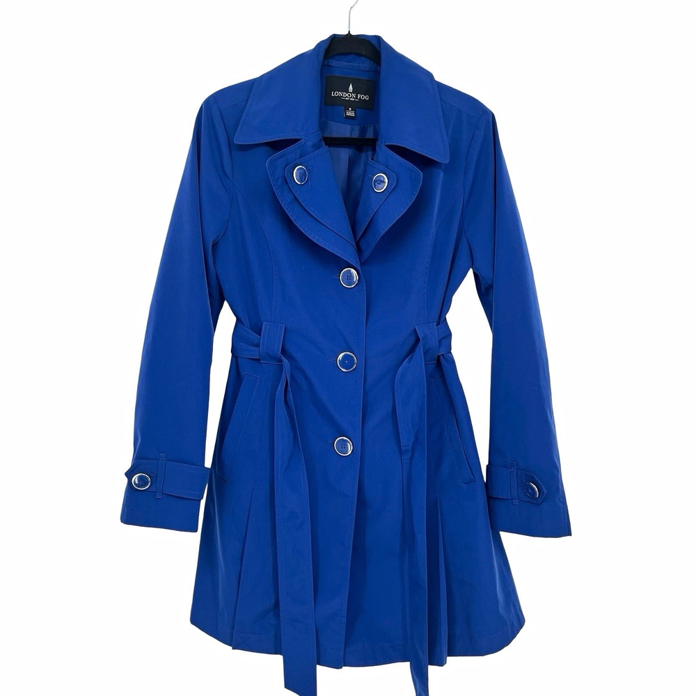 London Fog Womens Small Blue Trench Coat Belted Rain Jacket Classic Career